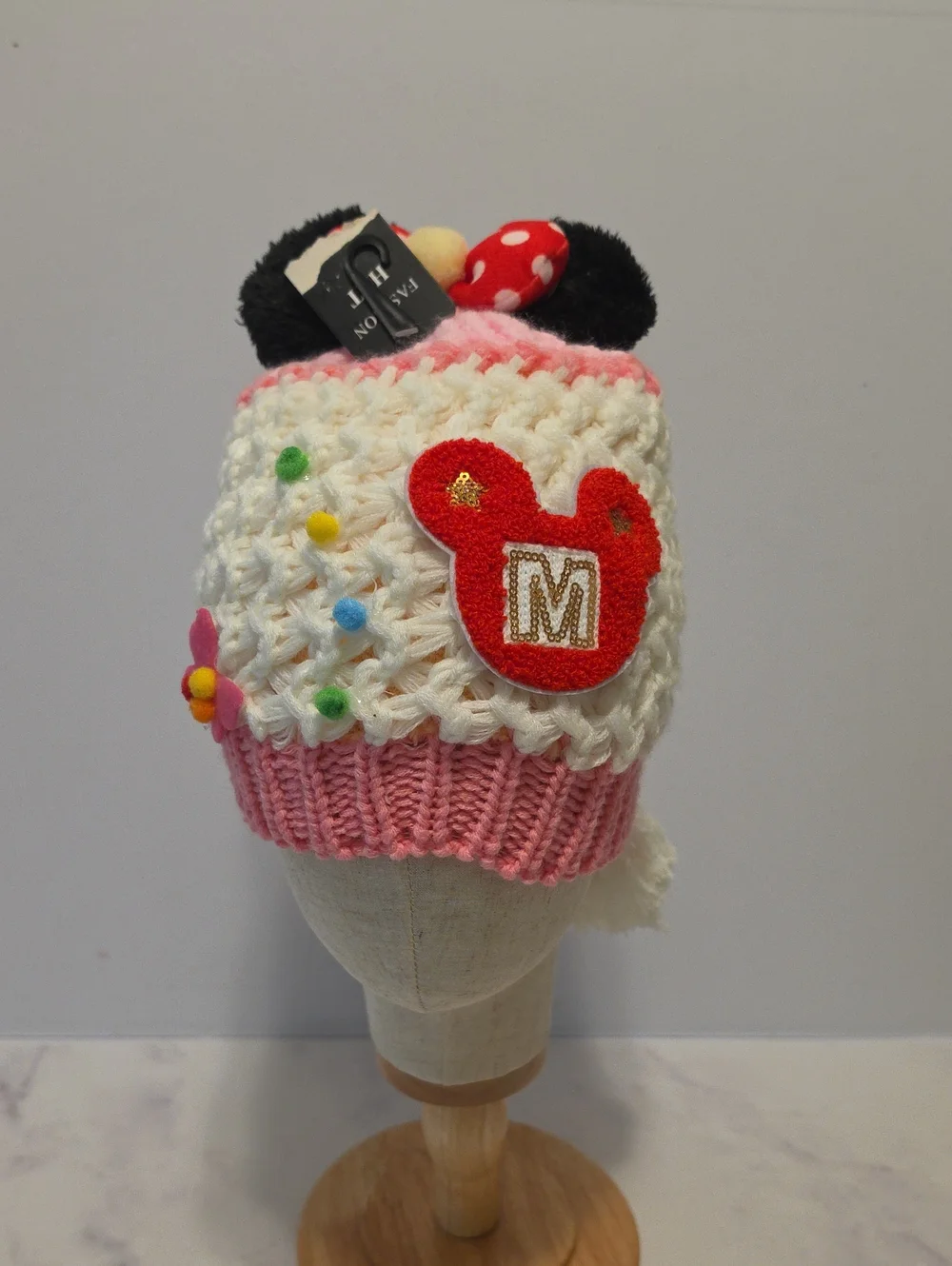 Isabella Kids Pink and White Knit Beanie with Red Mickey Patch Brand New